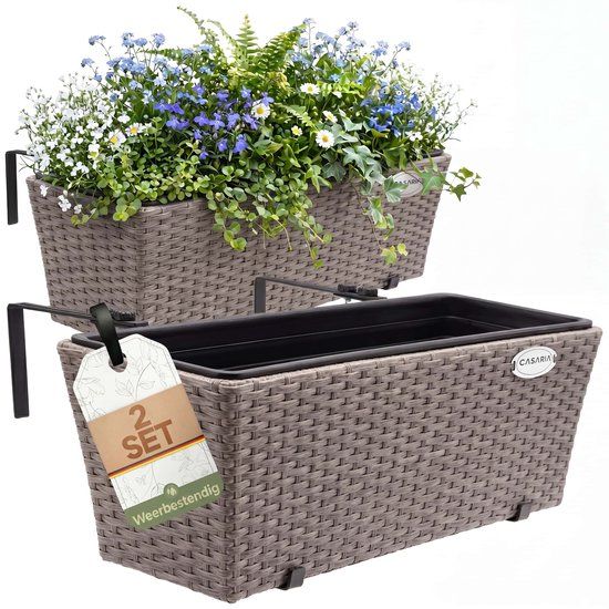 Casaria Polyrattan Bloembak – 2 Stuks Incl. Ophangbeugels – Beige