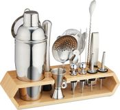 Merkloos Relaxdays Cocktail set met houder - 16-delig - RVS/Bamboe - Zilver/Natuur