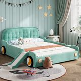 OKWISH Kinderbed 140x200 cm - Autobed Met Glijbaan En Trap - Links of Rechts Monteerbaar - Met Uitvalbeveiliging - Zonder Matras - Blauwgroen