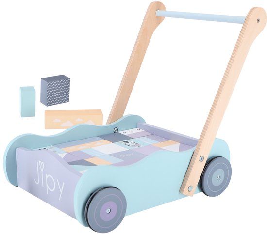 Jipy Houten Blokkenkar Met Blokken Paars/Blauw