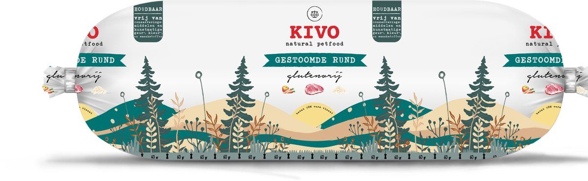 Kivo Petfood - 12 x 600 gram Houdbare Worst Rund - Zacht gestoomd vlees - Glutenvrij