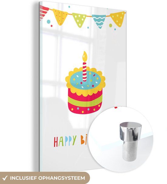 MuchoWow® Glass Painting 80x120 cm - Acrylic Glass Painting - Illustration with flags, cake and the quote "Happy birthday" - Photo on glass - Paintings