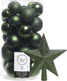 Decoris Boules de Noël 30x pièces - Vert foncé 4/5/6 cm Plastique Mat/Brillant/Paillettes Mix et Plastique Étoile 19 cm