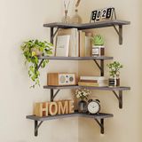 BAKAJI Set van 4 houten hoekplanken, hoekrek voor wandmontage, stangen van metaal, plank voor slaapkamer, woonkamer, keuken, badkamer, ruimtebesparend boekenkast (grijs)