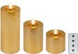 Lumineo 3-delig realistische led kaars met wax pit en vlam effect ø7.5 hoogte 9,5-13,5-20cm goud met timer werkt op afstandsbediening en batterij