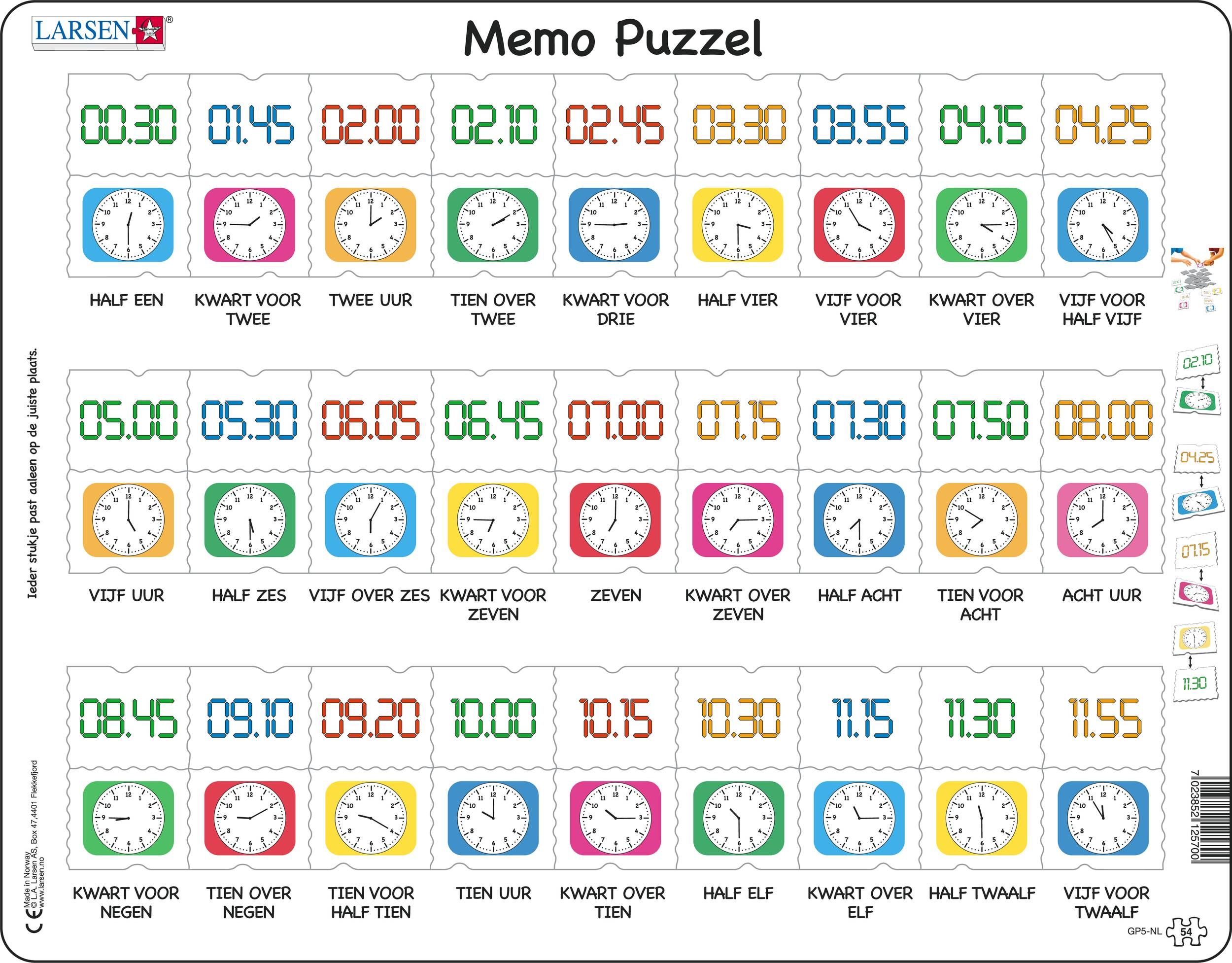 Larsen Maxi Memopuzzel Leren Klokkijken - Traditionele en digitale klok 54 stukjes