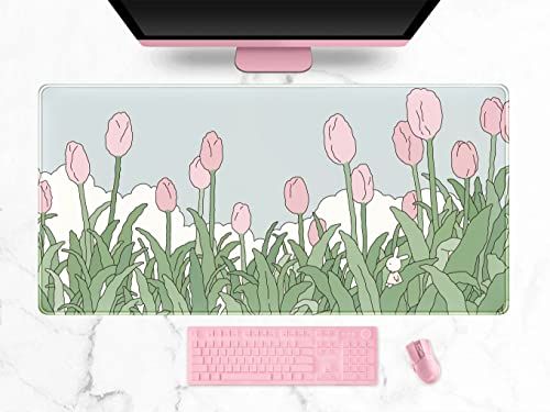 Aquarel tulp Gaming muismat XXL Kawaii Anime bureau Mat roze groen 80 x 40 cm