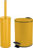 Spirella Set d'accessoires pour salle de bain/toilettes - Brosse WC et poubelle à pédale 3L - métal - jaune safran