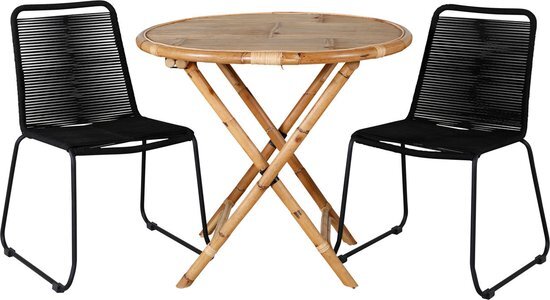 Hioshop Cane tuinmeubelset tafel Ø80cm en 2 stoel S Lindos zwart, naturel.