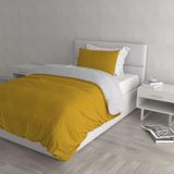 Italian Bed Linen Dekbedovertrek Set met Doubleface Effen Kleur Tas Sheet en Kussensloop, 100% Katoen, Mosterd/Lichtgrijs, kleine dubbele