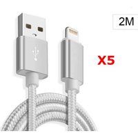Little Boutik X5 Kabel Metaal Nylon Versterkte USB-kabel Zilver Kleur voor iPhone Lengte 2m Gevlochten Compatibel iPhone 5s/6/6S/7/8/X/Xr
