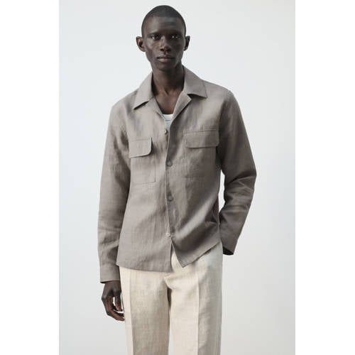Mango Man regular casual overhemd met linnen taupe