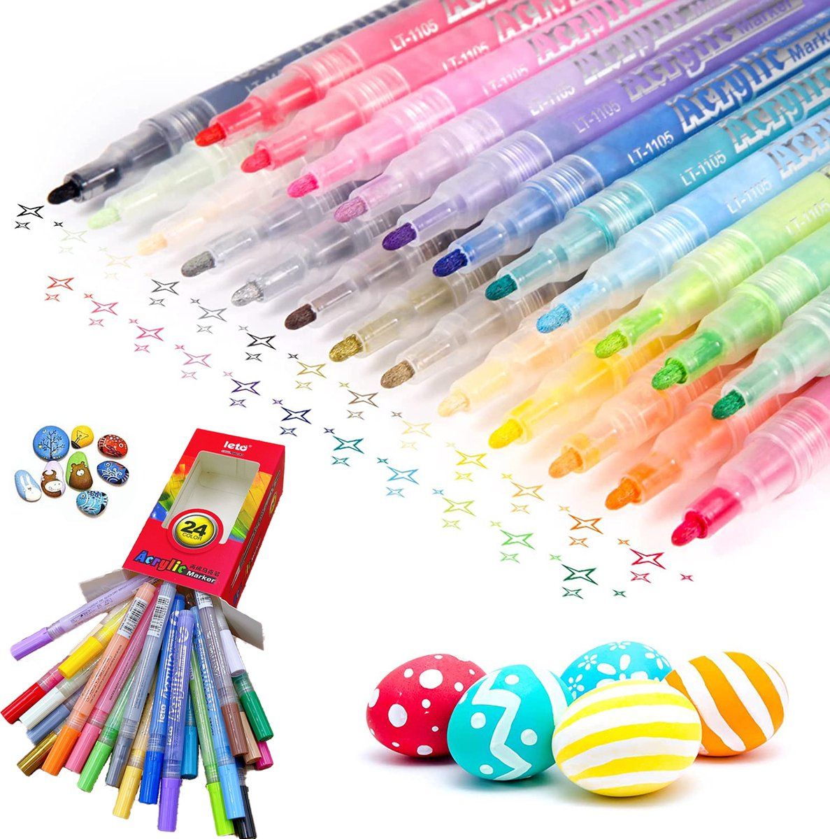 Rainbecom - 24 Kleuren Acryl Marker Stiften - 1 mm Lijndikte - Markeerstiften Waterdicht - Acrylstiften met Polyester Punt - Stiften voor het Schilderen van Eieren Stenen, Keramiek, Glas, Canvas, Papier - Acrylverfpennen Tekenset