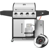 Barbecook Gril à gaz avec 4+1 brûleurs - Chariot de grill BBQ - Connecté au gaz naturel - Inox - Table latérale et couvercle - Convient pour jardin, terrasse et camping - Argent