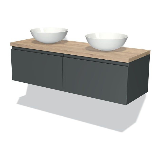 Maxaro Badkamermeubel Modulo Plato 140cm Donkergrijs 2 Lades Greeploos Lichtbruin Eiken Blad