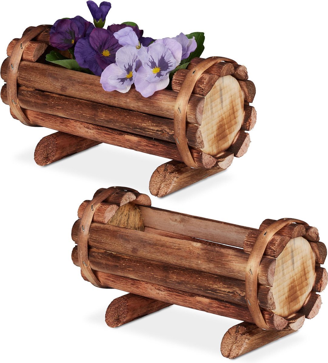 Relaxdays plantenbak hout - halve vat set van 2 - houten tuindecoratie - kleine bloembak