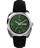 Timex Q 37,5 mm herenhorloge - zwart lederen tweedelige band met snelsluiting, groene wijzerplaat, roestvrijstalen kast, TW2W44700
