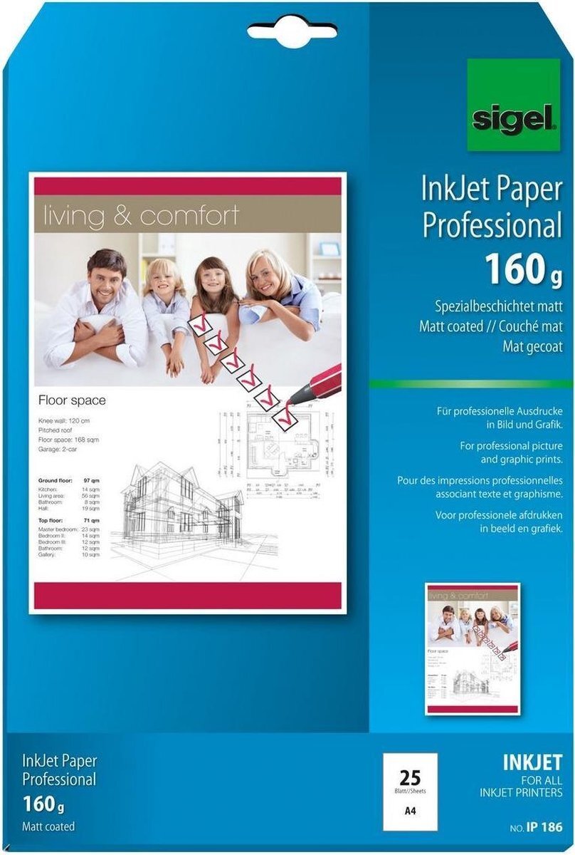 Sigel IP186 InkJet Paper, gecoat, wit, 160 g/m², A4, 25 vel