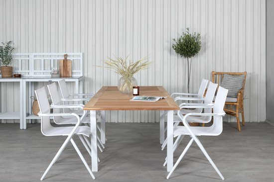 Hioshop Panama tuinmeubelset tafel 90x160/240cm en 6 stoel Alina wit, naturel.