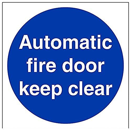 VSafety 18002AM-S "Automatic Fire Door Keep Clear" Sign - Self-Adhesive Vinyl - 150mm x 150mm - Blue