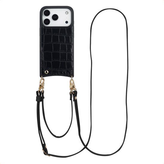 Selencia Hoesje - Geschikt voor Apple iPhone 17 Pro - Croco Backcover met koord en pashouder - Zwart