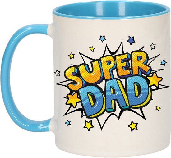 Super Dad Coffee Mug / Tea Cup - White and Blue with Stars - 300 ml - Ceramic - Father's Day Gift