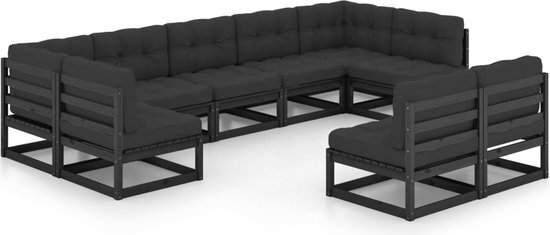 vidaXL 9-delige Loungeset met kussens massief grenenhout zwart