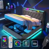 SINGULARITY Gestoffeerd tweepersoonsbed 160 x 200 cm Grijs Linnen Materiaal Hydraulisch Opbergbed Hoofdeinde met USB Type-C Zonder Matras