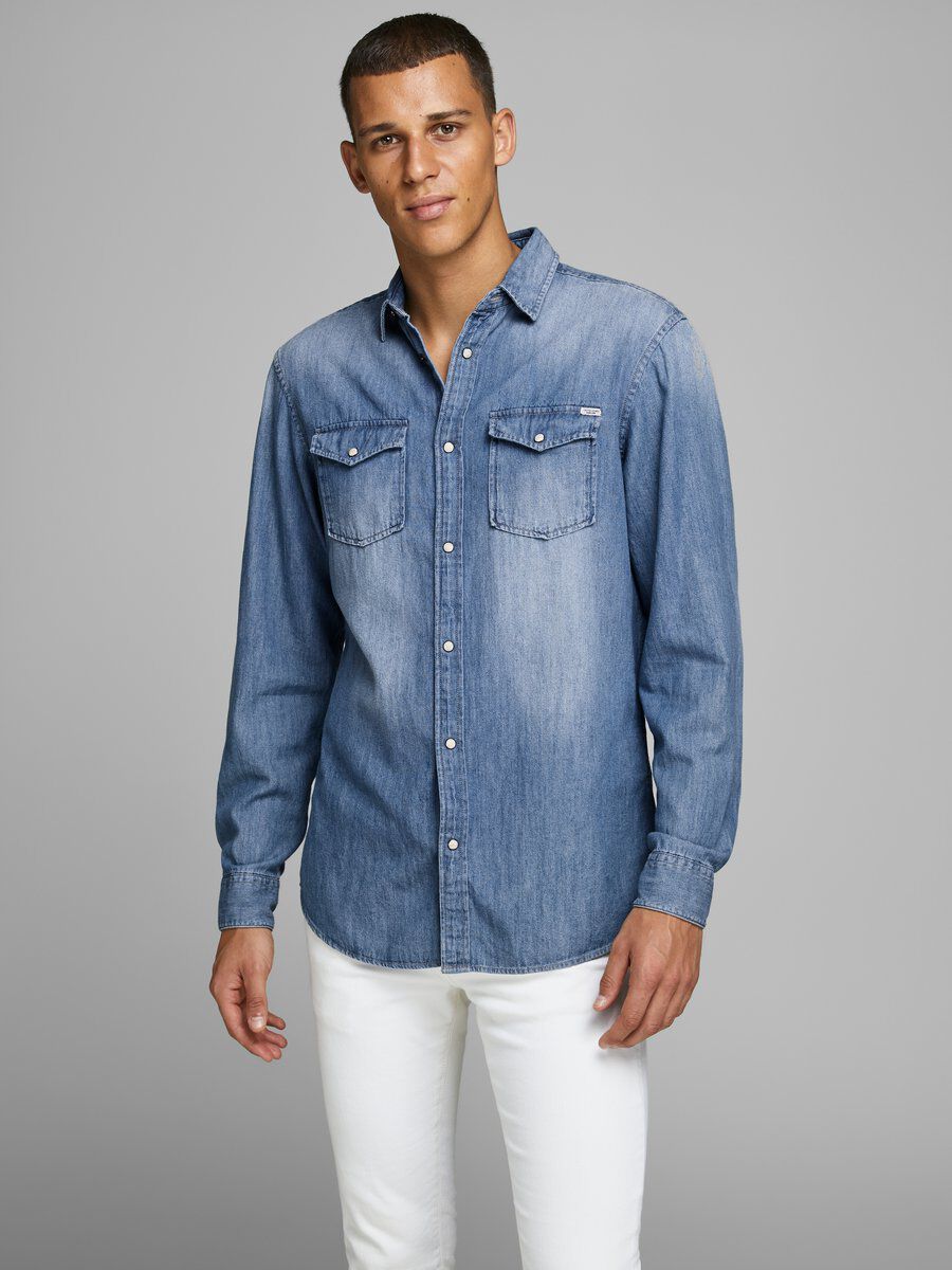 JACK & JONES JJESHERIDAN Shirt - Men - Size M - Cotton - Medium Blue Denim