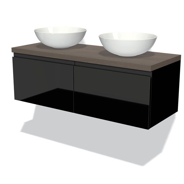 Maxaro Badkamermeubel Modulo Plato 120cm Hoogglans Zwart 2 Lades Greeploos Donkerbruin Eiken Blad