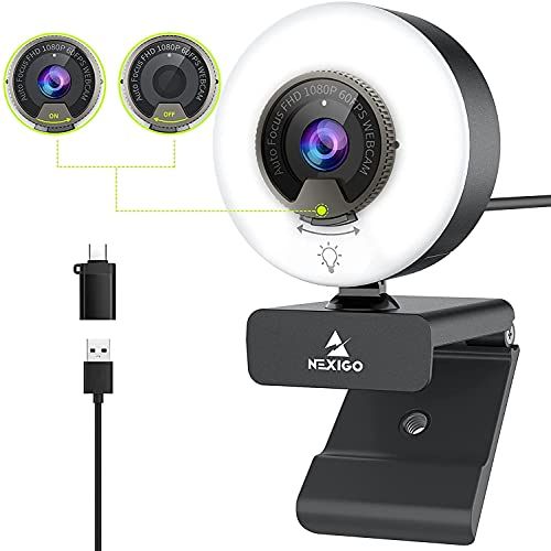 NexiGo 1080p Webcam - 60fps - Autofocus - Ringlicht - Stereo Microfoons - USB