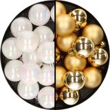 Decoris Kleine kerstballen - 32x st - goud en parelmoer wit - D4 cm - plastic