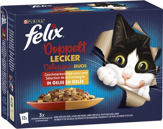 FELIX Zo lekker als het eruit ziet Dubbel lekker vleesmix, nat kattenvoer in gelei (1 x 12 x 85g)