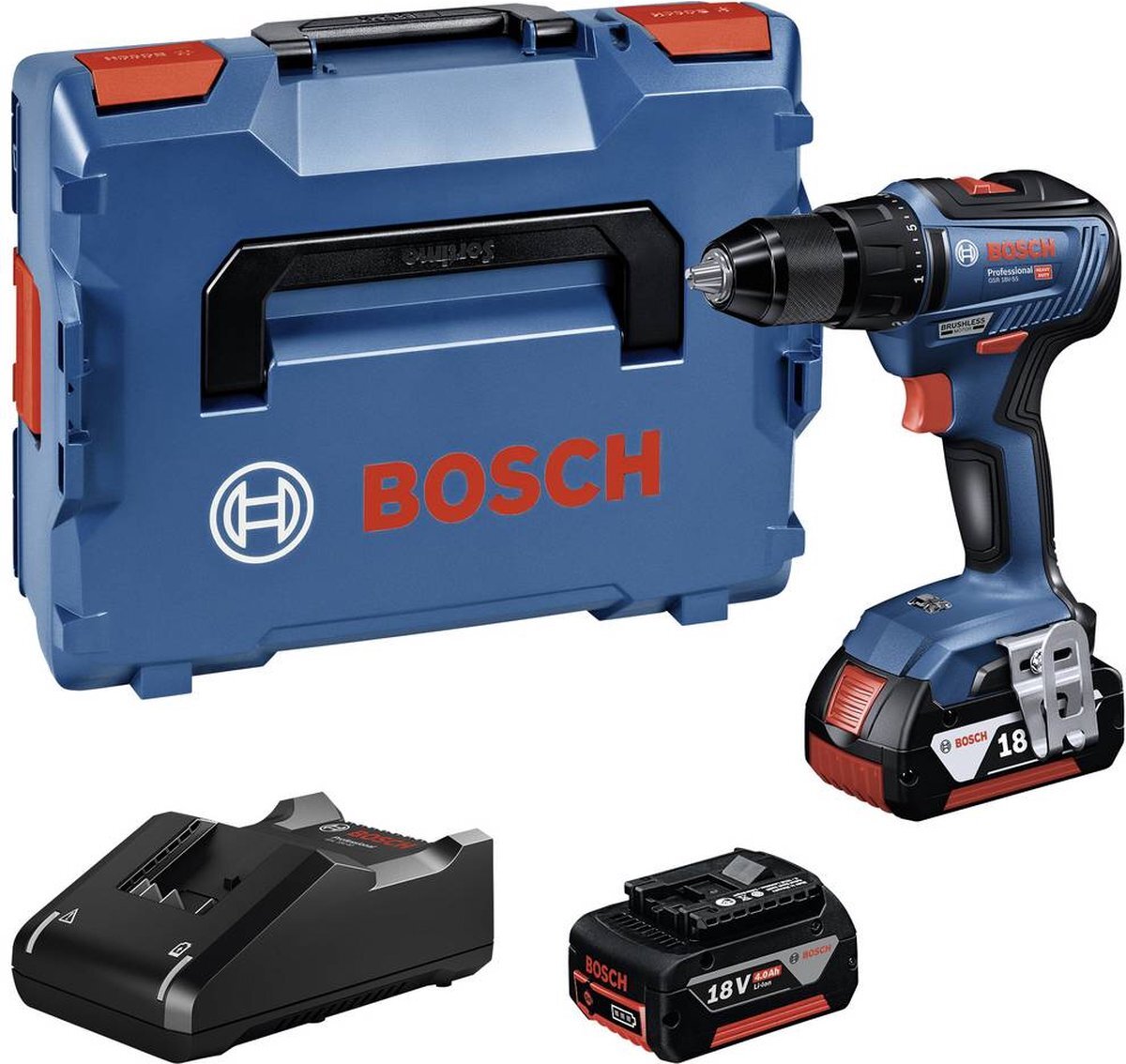 Bosch GSR 18V-55 06019H5200 Accu-schroefboormachine 18 V 4.0 Ah Li-ion Brushless, Incl. 2 accus, Incl. lader, Incl. koffer