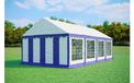 Tonnelle 4x8 m STANDARD – PVC 500 g/m², ignifuge, tubes en acier galvanisé Ø38 mm, 115 kg - Bleu-blanc