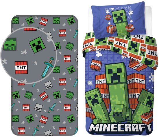 4KidsOnly Minecraft Dekbedovertrek + Hoeslaken Eenpersoons Katoen 140x200 cm