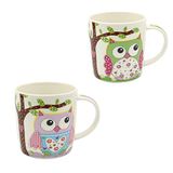 Dekohelden24 Set van 2 koffiemokken, koffiekopjes van porselein, motief: kleurrijke uilen in groen - paars, afmetingen H/Ø: 9,5 x 8,5 cm, inhoud 350 ml, vaatwasmachinebestendig