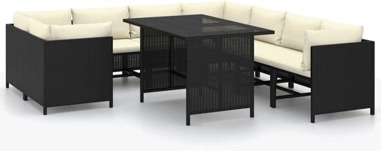 vidaXL 9-delige Loungeset met kussens poly rattan zwart