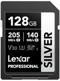Lexar 128GB SD-kaart ZILVER, tot 205MB/s lezen, 140MB/s schrijven, SDXC UHS-i geheugenkaart, klasse 10, U3, V30, SD-kaart voor professionele fotografen, videografen, liefhebbers