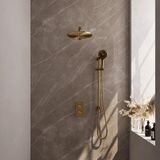 Brauer Gold Carving Thermostatische Regendoucheset Inbouw - Hoofddouche 30 cm - Rechte Wandarm - 3 Weg - Handdouche 3 Standen - Doucheslang - Geintegreerde Glijstang - Geborsteld Goud
