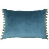 Riva Paoletti Fiesta rechthoekige kussenhoes - eend ei blauw - natuurlijke beige pompon randen - faux fluweel - omkeerbaar - ritssluiting - 100% polyester - 35 x 50 cm