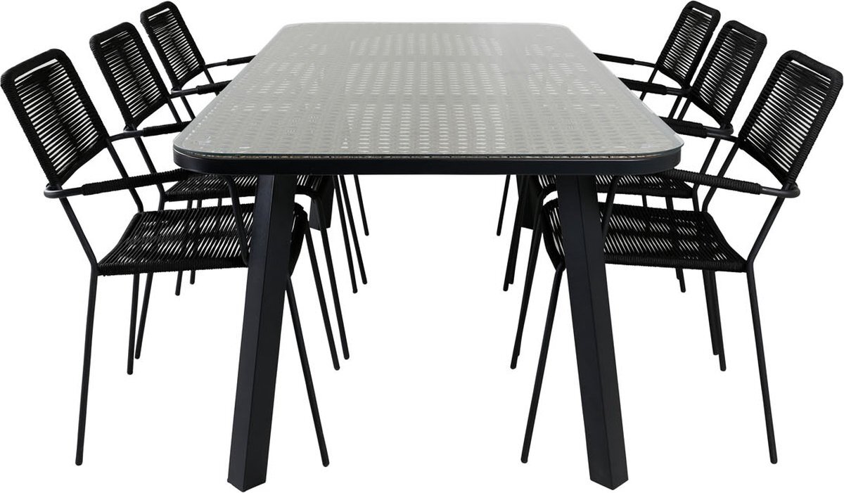 Hioshop Paola tuinmeubelset tafel 100x200cm en 6 stoel armleuningS Lindos zwart, naturel.
