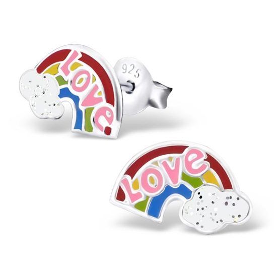 Fako Bijoux® Kinderoorbellen - 925 Zilver - Regenboog Love - 10x6mm - Multicolor