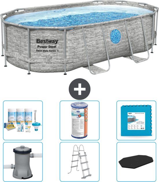 Bestway Ovaal Power Steel Swim Vista Zwembad - Steenprint - 427 x 250 x 100 cm - Grijs