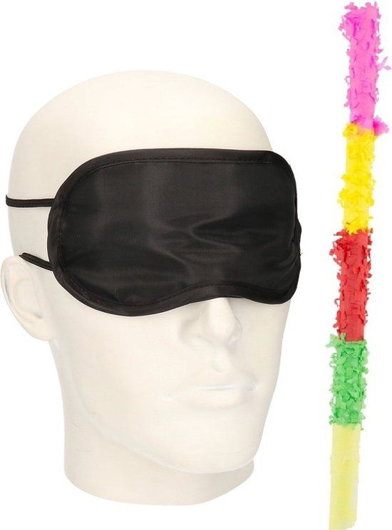 Pinata feest setje zwart oogmasker met gekleurde pinata stok 60 cm - Themafeest - Unisex - Kunststof