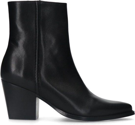 Manfield - Dames - Zwarte leren enkellaarsjes met hak - Maat 42