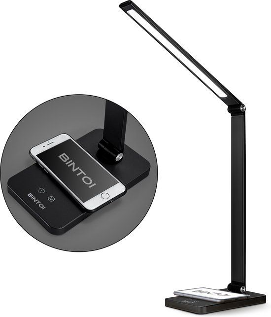 BINTOI Office DL200 LED Desk Lamp - Black - Dimmable - USB Charging - Wireless Charging Pad