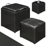 BAKAJI Set van 2 zitkrukken van kunstleer, kleur zwart, met deksel, 2-in-1, converteerbaar dienblad, kruk met multifunctioneel vak, comfortabele bekleding, voetensteun met houten frame