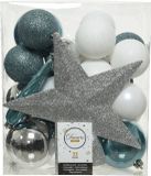 Decoris kerstballen set - 34-dlg - zilver/ijsblauw/wit - incl. piek - kunststof