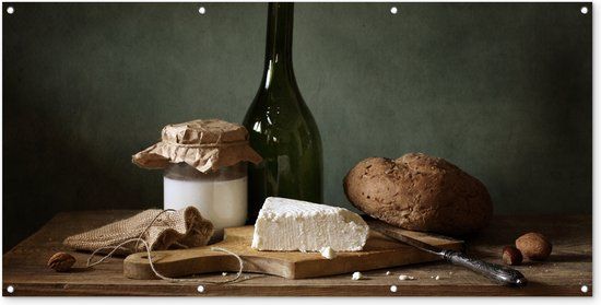 GreatGardenPosters Wanddecoratie buiten Rustiek - Brie - Stilleven - Fles - Brood - 160x80 cm - Tuindoek - Buitenposter